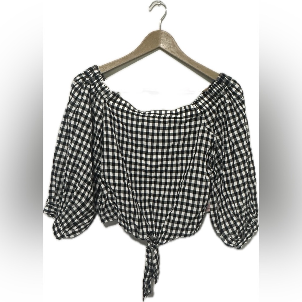 Forever 21 Cropped Buffalo Check Peasant Top w/Tie Front-Size Medium (NWT) - Picture 6 of 9